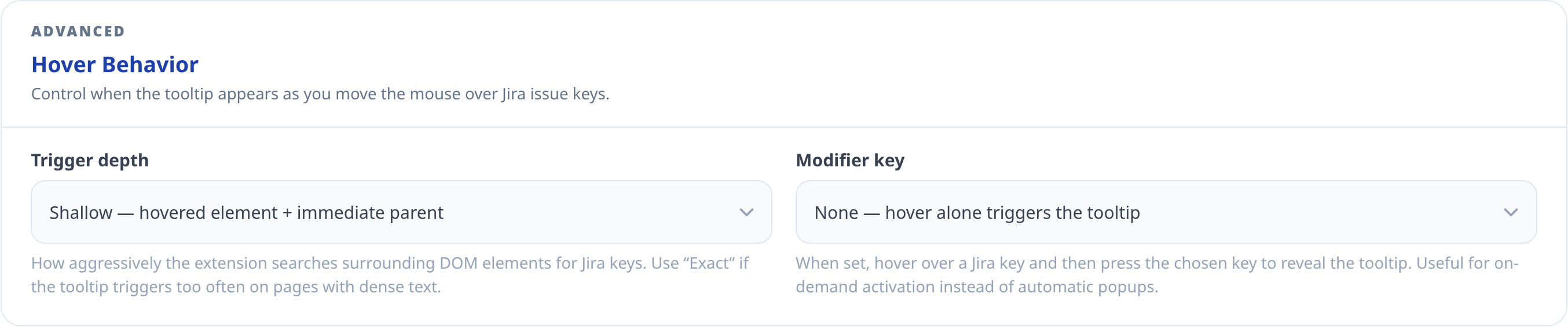 Hover behavior settings